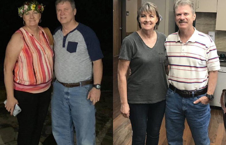 a middle aged couple, who both lost around 40 pounds using innovative nutrition