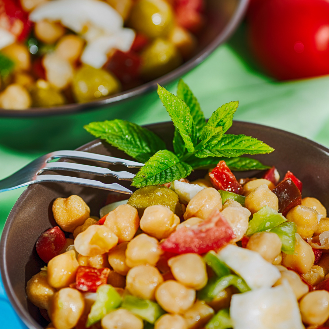 smashed chickpea salad close up with fork