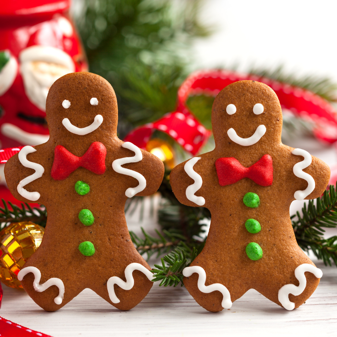 two paleo gingerbread cookies with christmas background