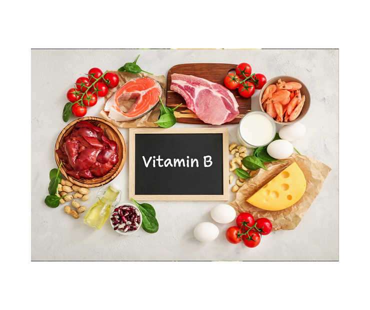 vitamin B chalkboard with healthy food around it