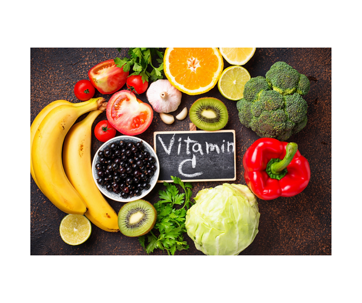 vitamin C chalkboard  with healthy food around it