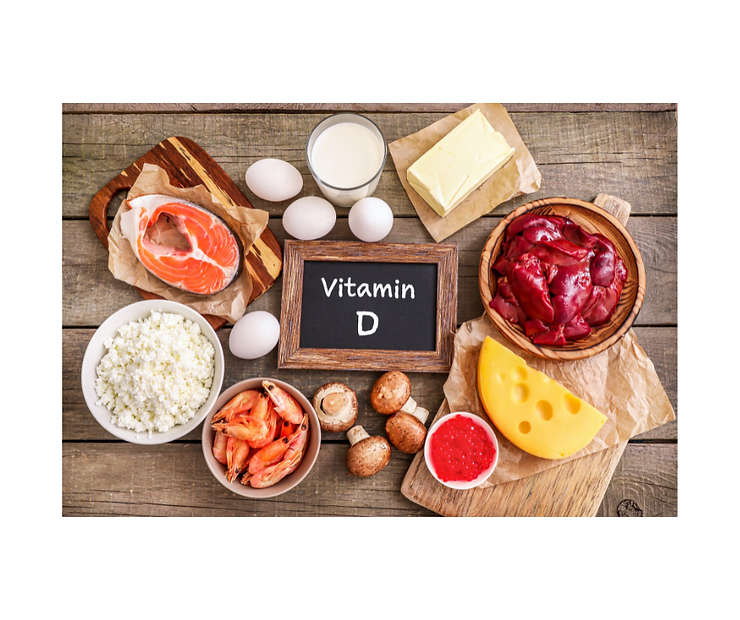 vitamin D chalkboard with healthy food around it